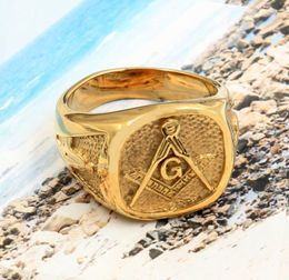 Goud 316L roestvrijstalen vrijmetselaarsring voor mannen Master Masonic Signet Ring Mason Ring Ethnic Punk Rock sieraden Male WOM3931141