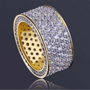 Or 360 Glacé Zircone Cubique Micro Pave Bling Bling Anneaux Cuivre Plaqué Or 18 Carats Top Qualité Simulé Diamants Hip Hop Bague