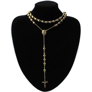 Or 4mm/6mm/8mm acier inoxydable longue chaîne de perles de chapelet jésus croix catholique Crucifix collier 28 ''+ 6''/30 ''+ 6'' choisir