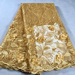 Tela de encaje africano dorado, tela de encaje de boda nigeriana bordada, tela de encaje de tul francés de alta calidad, piedras de cuentas LHX11D 240117
