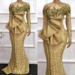 Gold African Sirène Robes de soirée Glitter Glitter Fiked Long Manches longues Big Bow Satin Peplum Prom Party Gowns plus taille arabe aso ebi wo 238k