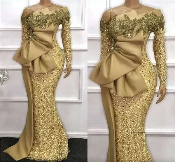 Gold African Sirène Robes de soirée Glitter Poussing Slanches longues Big Bow Satin Peplum Prom Party Gowns plus taille Arabe Aso Ebi Women Vestidos de Festa 0509