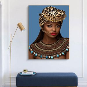 Gouden Afrikaanse naaktvrouw Indian met rode lip canvas schilderposters en prints Scandinavische muurkunstfoto voor woonkamer