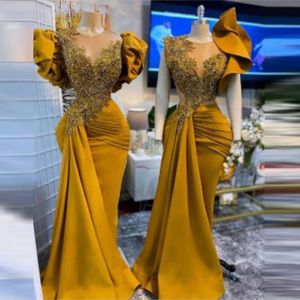 Goud Afrikaanse Prom Dresses met Sheer Neck Beads Crystals Applicaties Mermaid Puffy Sleeves Aso Ebi Avond Engagement Party Town