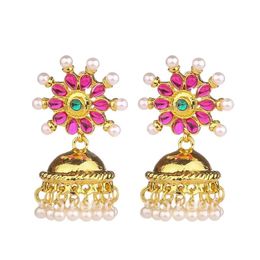 Goudlegering Bloem Dangle Oorbellen Voor Dames Indiase Stam Sieraden Boheemse Pearl Hangers Bells Tassel Earring Wedding Sieraden