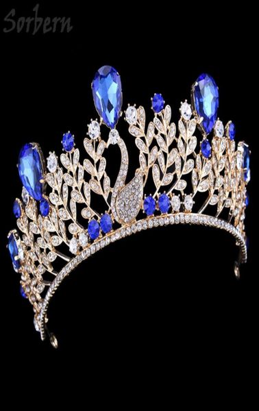 Tocado de corona de diamantes de imitación azul real de aleación de oro para novias Quinceañera Tiaras y coronas de lujo vintage Accesorio para fiesta de bodas 9357947