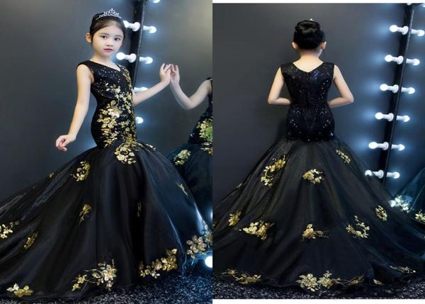 Robes de concours de filles de sirène d'or et noir 2019 col en V dos en tulle pailleté robe de soirée pour tout-petits robes d'occasion spéciale enfants F2199366