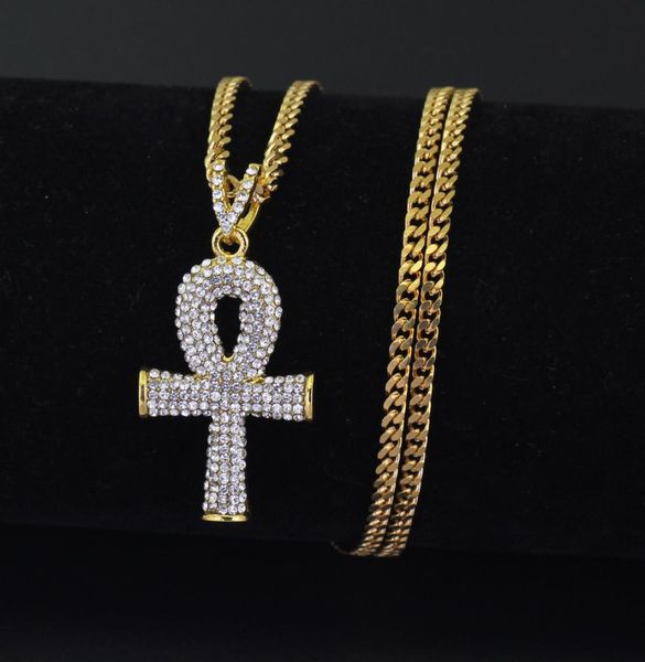 Collier Ankh en or bijoux égyptiens pendentif Hip Hop Bling strass cristal clé de la vie collier en argent égyptien chaîne cubaine9930875
