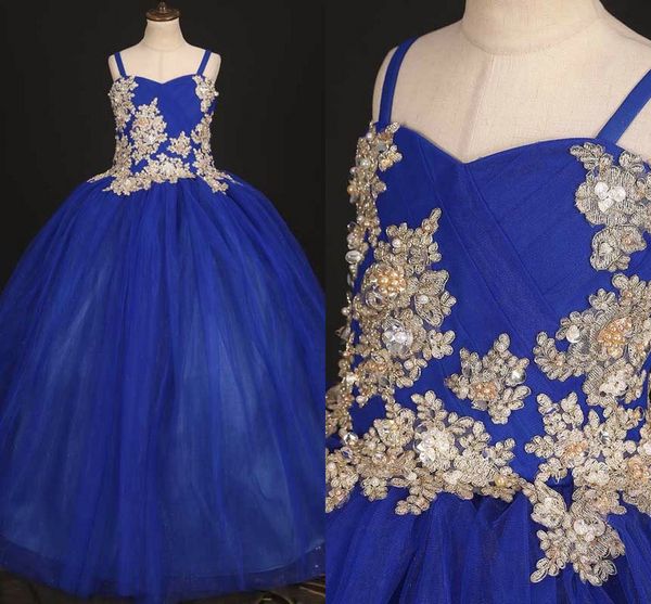 Or Applique Perles Perles Bleu Royal Petites Filles Pageant Robes Spaghetti Bustier Plissée Robe De Bal Enfants Designer Robe Fille Communion