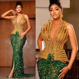 Gold aso ebi robes de bal luxueuses profondes V illusion couche sirène sexy front front