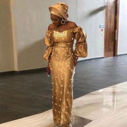 Goud Aso Ebi Zuid-Afrikaanse Avondjurken Schede V-hals Lange Mouwen Applicaties Nigeria Saudi Arabische Avondjurk Prom Dress252Z