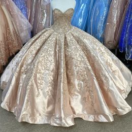 Gouden baljurk van de schouder Quinceanera jurken applique kanten kralen zoet 16 jurk optocht jurken vestidos de 15 anos 0417