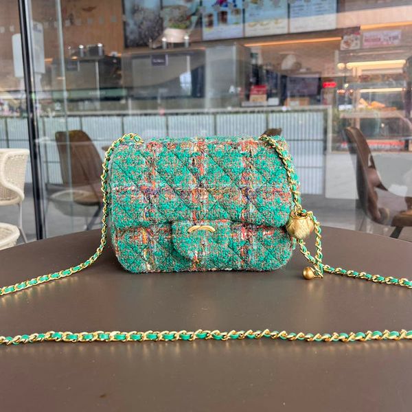 Bola de oro Tweed Mujer Bolso de hombro con solapa Cadena ajustable Acolchado Mini cuerpo cruzado Bolso de diseñador vintage Clásico verde al aire libre Monedero Fanny Pack Maleta 18 CM