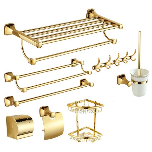 Accesorios de baño dorado juego Soild de toalla de latón Anillo/papel de rejilla/cepillo para el inodoro/secador de cabello ganchos de jabón de jabón hardware de baño