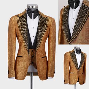 Gold beading bruidegom slijtage mannen bruiloft Tuxeods piekt reversjack met broek 3 -delige zakelijke pakken feest prom -outfits