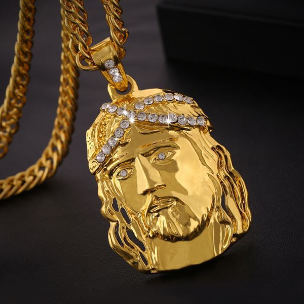 Collares colgantes Dorado Gran Jesús Penddant Collar para hombres / mujeres y 29.53in Longitud de cadena Hip Hop Jewelry