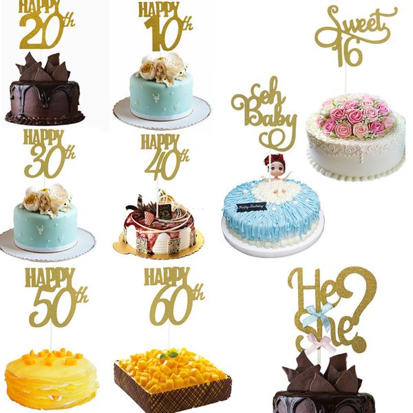 Fournitures de fête d'anniversaire en or, garniture de gâteaux Happy 40/50/60e, décoration de gâteau en papier généthliaque, anniversaire 20220429 D3