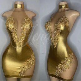 Goud zwart meisje korte prom jurk voor vrouwen 2024 High Neck Lace Applique Stain Cocktail Verjaardagsfeestjes Jurk Homecoming -jurken