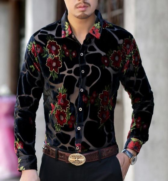 Gold Black Leopart Print Shirvet Velvet Transparent Shirt Men 2018 Automne Business Long Manime Immiate Silk Flower Men2614428