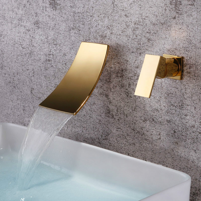 Gold & Black Separated Bathroom Sink Faucet Wall Mounted Waterfall Style Hot & Cold Basin Water Mixer Chrome Tap