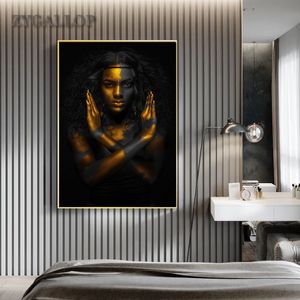 Toile de peinture de femme noire et dorée, affiches d'art africain, peintures modernes pour salon, images murales, décoration de la maison, Cuadro221D