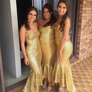 Gouden Bling Mermaid Bruiloft Gastjurken Sweetheart Pailletten Hoge Hals Maid of Honour Jurken Vintage Mode Custom Made Bruidsmeisjes Jurken