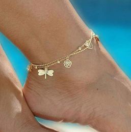 Gold Bohemian Anklet Beach Foot Jewely Cadena de la pierna de la pierna Hojas Dragoy de hojas para mujeres Sandalias Barefoot Posillas de tobillo