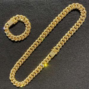 Gold Box Lock Iced Out 20 mm Cuban Link Chain ketting Bracelet Diamond sieraden set