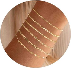 Pulseras de oro para mujer con relleno de oro real de 14 quilates, pulseras apiladas que no se deslustran, modernas pulseras Figaro con clip de papel en espiga para mujeres y niñas, delicadas, impermeables, apilables