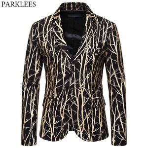 Gold Branch Gedrukt Stijlvolle Blazer Jas Mannen 2010 Merk Nachtclub Party Wedding Pak Blazer Male Stage Prom Costume Homme 210522