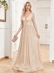 Brides de honor Gold Brillante Bling Long Country Garden Boda Invitado Vestido Sexy V Neck Prom Arabic Bride Dress Maid of Honor Vestidos de noche 403