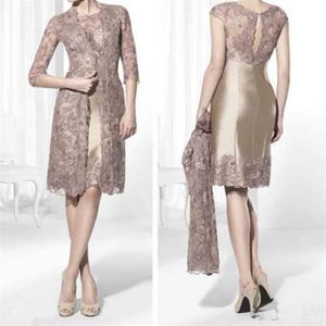 Gold Brown Knee Length Short Mother of the Bride Dresses with Lace Jacket Plus Size occasion Wedding Guest Dresses253h