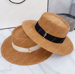 Gouden gesp strohoed voor vrouw ontwerper strand hoeden zomer gras gevlochten luxe heren plat ingerichte emmer hoed Bob vakantie zonnehoeden Casquette