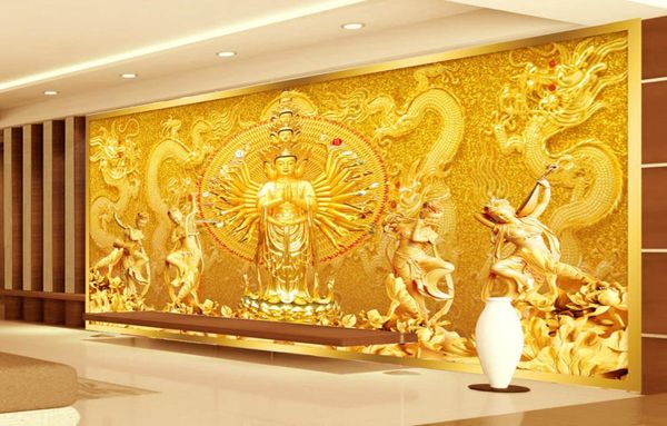 Fond d'écran Bouddha PO Gold Pinécrasse murale 3D Avalokitesvara Paper peint chambre salon bureau