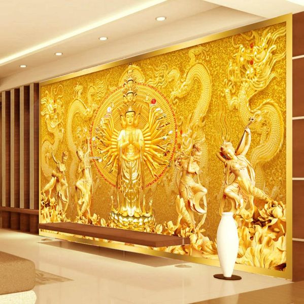 Fond d'écran Bouddha PO Gold Pinécrasse murale 3D Avalokitesvara Paper peint chambre salon Bureau de salle d'art décor de décoration intérieure décorati6082607