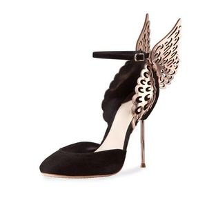 Sandales de mariage à talons hauts avec ailes de papillon dorées, en daim noir, bout pointu, talons fins, lanière à la cheville, chaussures à escarpins Sreet Catwalk pour femmes