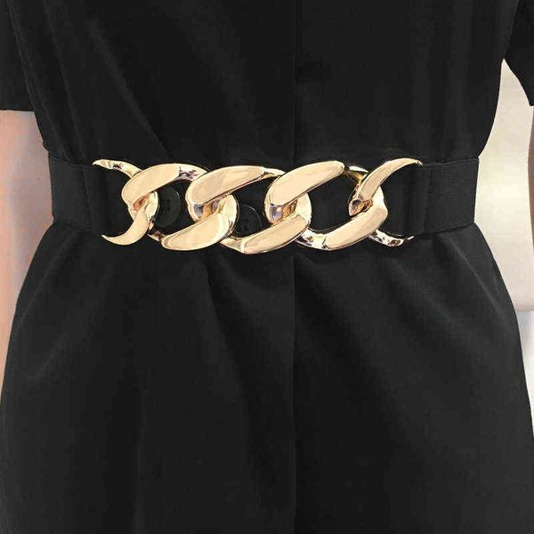 Cinturón de cadena de oro Cinturones de cintura de metal elástico para mujeres ceiture femme Estiramiento Cummerbunds Abrigo de damas Ancho de cintura 3.5 cm G220301