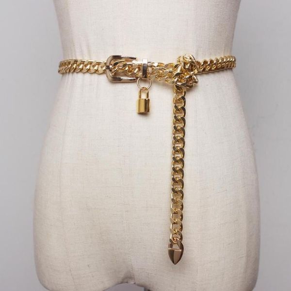 Chaîne en or ceinture serrure ceintures en métal pour les femmes porte-clés cubains argent Punks robe ceinture longue Ketting Riem Cummerbunds309h