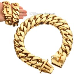 Gouden kettinghondenkraag met veilige snapge buckle, 32 mm Cuban Link Dog Collar, Chew Proof Heavy Duty Pitbull kraag voor middelgrote en grote honden (12 "goud) B156