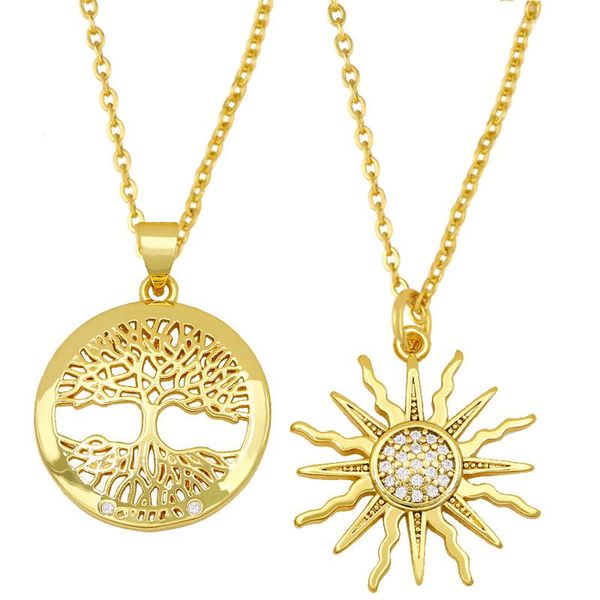 Chaîne en or soleil collier pour femmes disque poli arbre généalogique de vie pendentif CZ cubique zircone bijoux cadeau Nket20 colliers