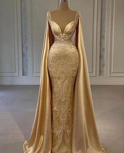 Goud champagne zeemeermin galajurken met lange cape wrap kralen kant geappliceerd Arabisch koningin avond receptie jurk robes de soir￩