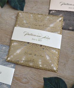 OR CHANTILLY DENTELLE Laser Cut Wrap Invitation Or Carré Laser Cut Invitation de mariage avec ivoire Shimmer Insert et Belly Band9011698