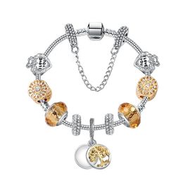 Gouden Charm Kralen Armband 925 Zilveren Hart Kristal Armbanden Strengen Boom Leven Hanger Beaded Bangle Vrouwen Meisjes Mode Trendy Gift Sieraden