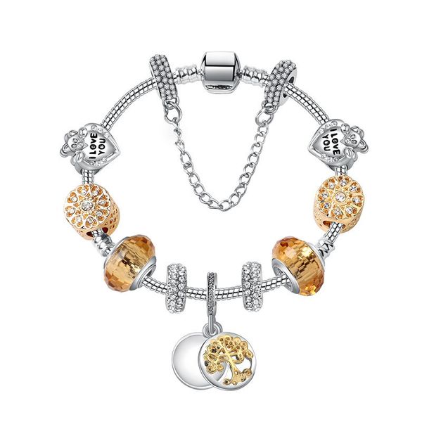 Or Charme Perles Bracelet 925 Argent Coeur Cristal Bracelets Brins Arbre Vie Pendentif Perlé Bracelet Femmes Filles Mode À La Mode Cadeau Bijoux