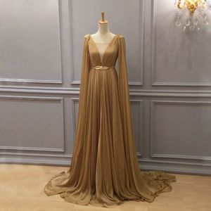 Gouden chiffon Arabische formele jurken avondkleding plunging nek speciale gelegenheid jurken dubai een lijn geplooide vloerlengte prom jurk