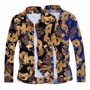 Goud Chinese Drag Print Lg Mouw Heren Single Breasted Vierkante Kraag Mannen Shirts Zwart Camisa Fi Casual Chemise Q8mG #