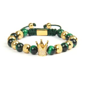 Bracelets de couronne en or clair CZ, perles réticulées à la mode avec pierre d'oeil de tigre naturelle de 8mm, bijoux en acier inoxydable à la mode pour cadeau