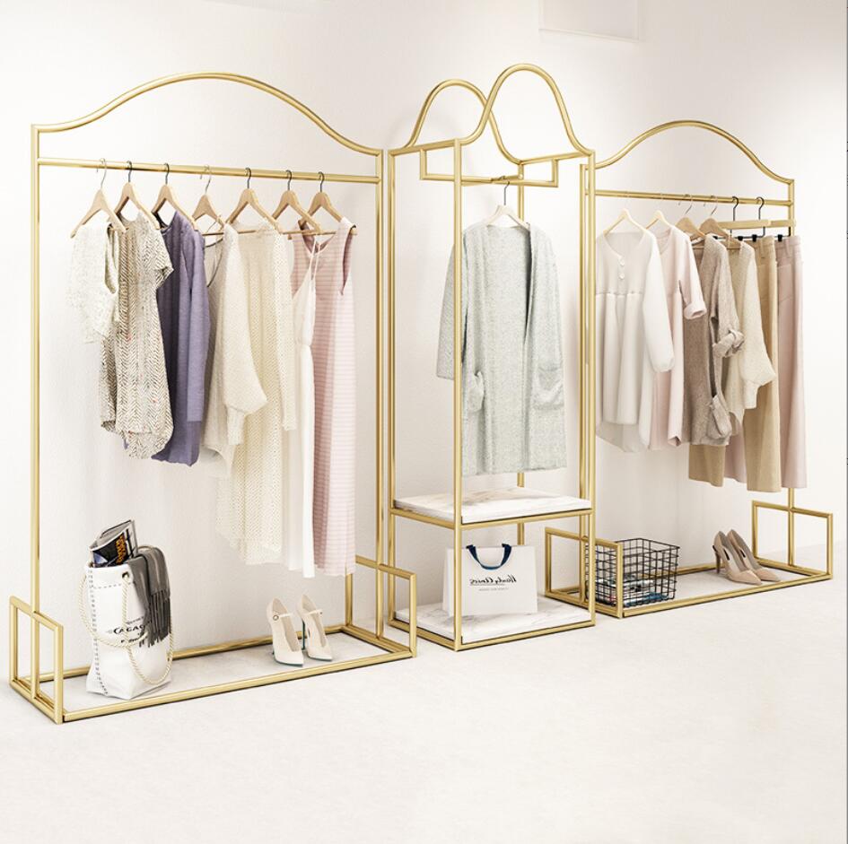 Gold clothing store hanger display rack Commercial Furniture Floor mounted women's cloth show show racks Light luxury hangers