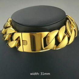 Collier en acier inoxydable 316L, couleur or, tout poli, largeur 31mm, très lourde, longue chaîne 40-55cm, bijoux N397 240229