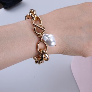 Goud Kleur Barokke Onregelmatige Parel Armbanden Bangle Femme Meisjes Toggle Sluiting Dikke Slot Kettingen Armband voor Dames Sieraden